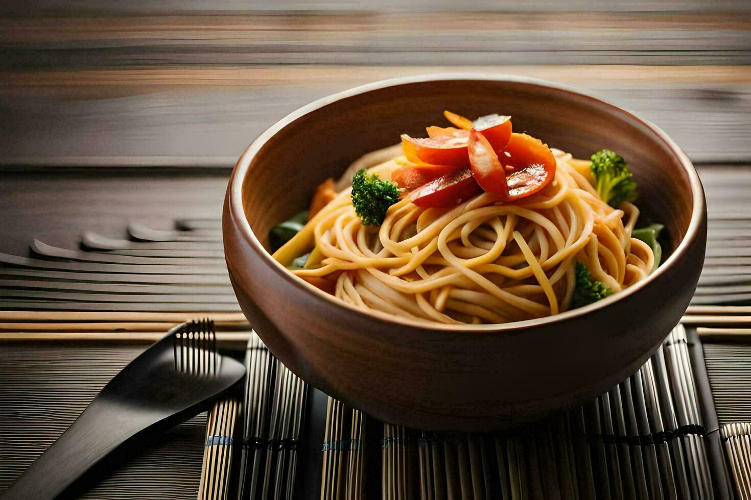 ein Schüssel von Nudeln mit Tomaten und Brokkoli auf ein hölzern Tisch. KI-generiert foto