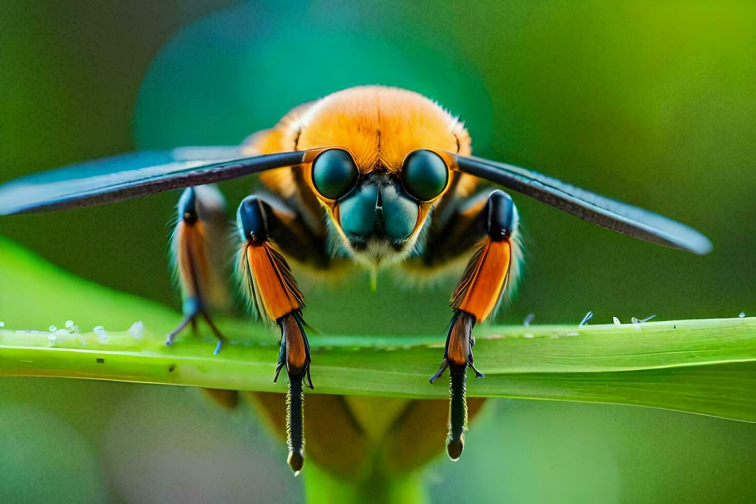 ein schließen oben von ein Biene mit Orange Augen. KI-generiert foto