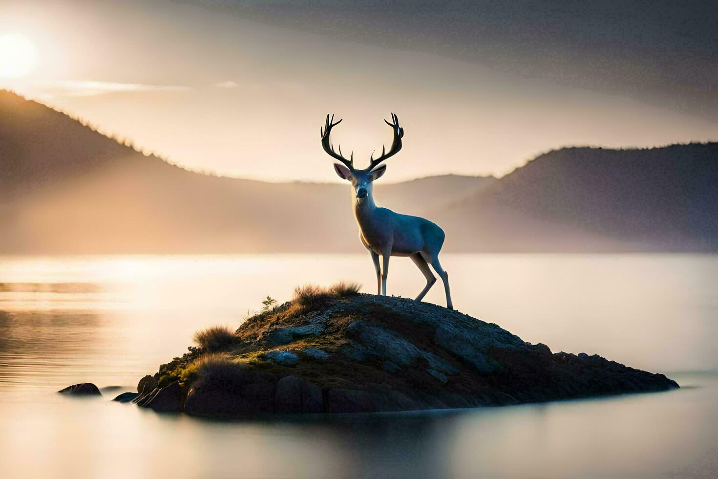 ein Hirsch steht auf ein Felsen im das Mitte von ein See. KI-generiert foto