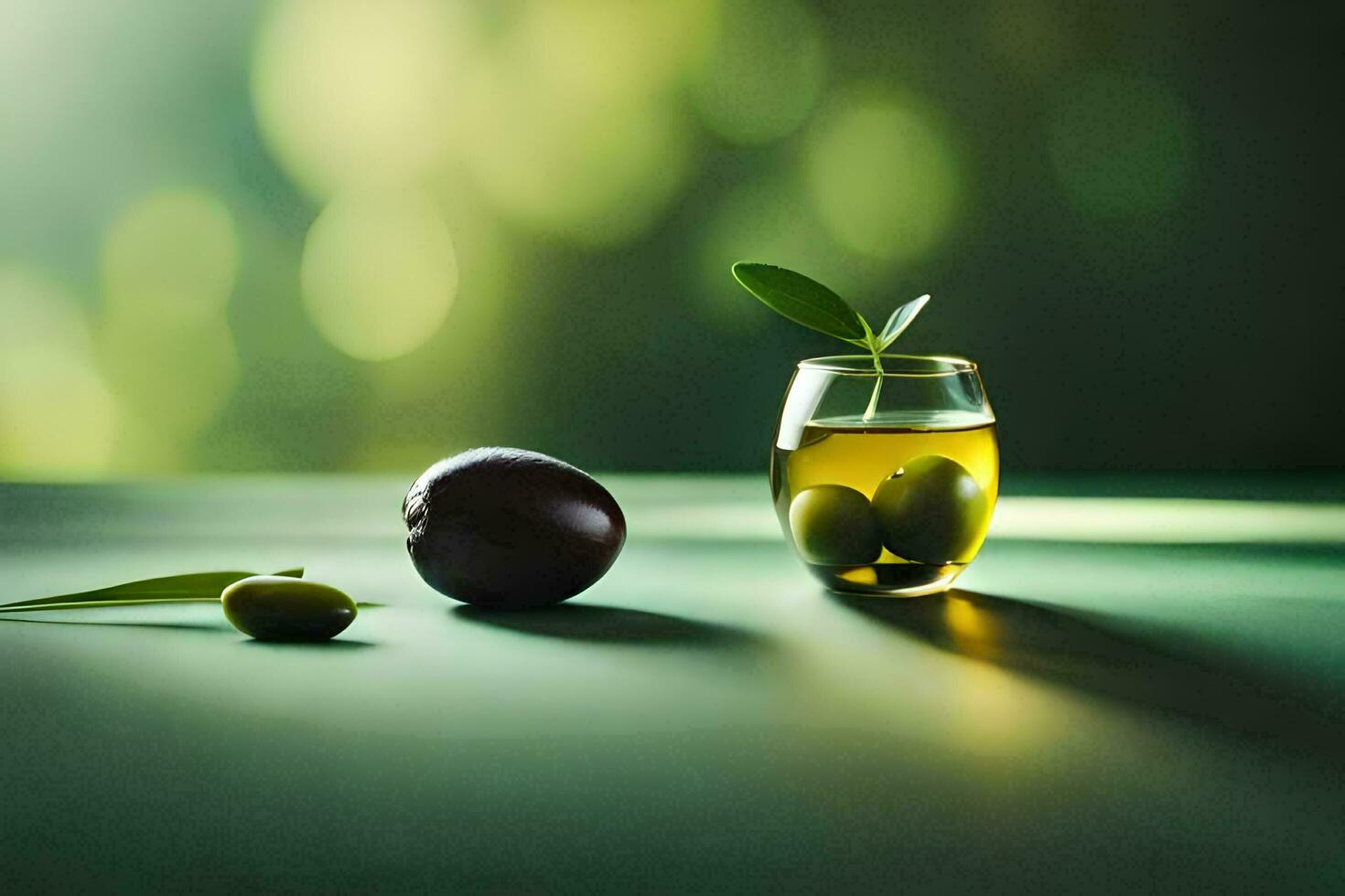 Oliven im ein Glas und Olive Öl auf ein Tisch. KI-generiert foto