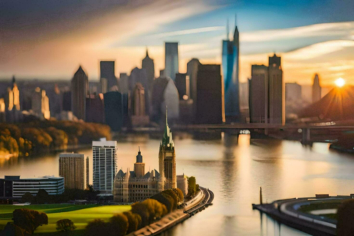 ein Stadt Horizont mit ein Fluss und ein Brücke. KI-generiert foto