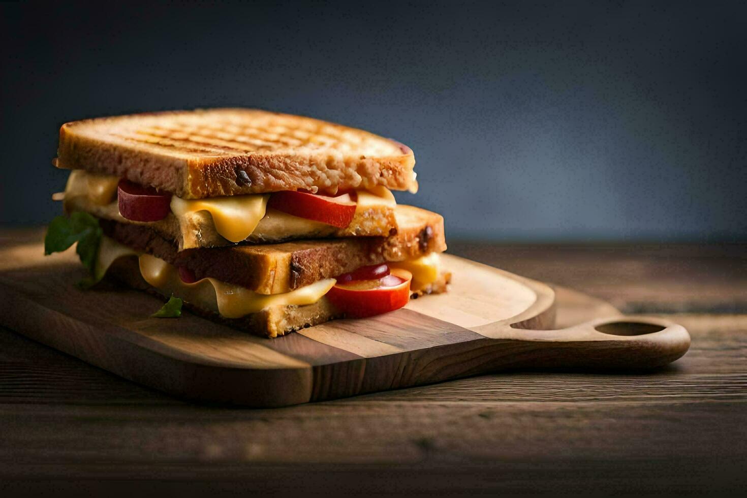 ein gegrillt Käse Sandwich auf ein hölzern Schneiden Tafel. KI-generiert foto