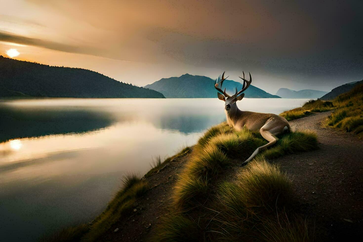 ein Hirsch sitzt auf das Kante von ein See beim Sonnenuntergang. KI-generiert foto