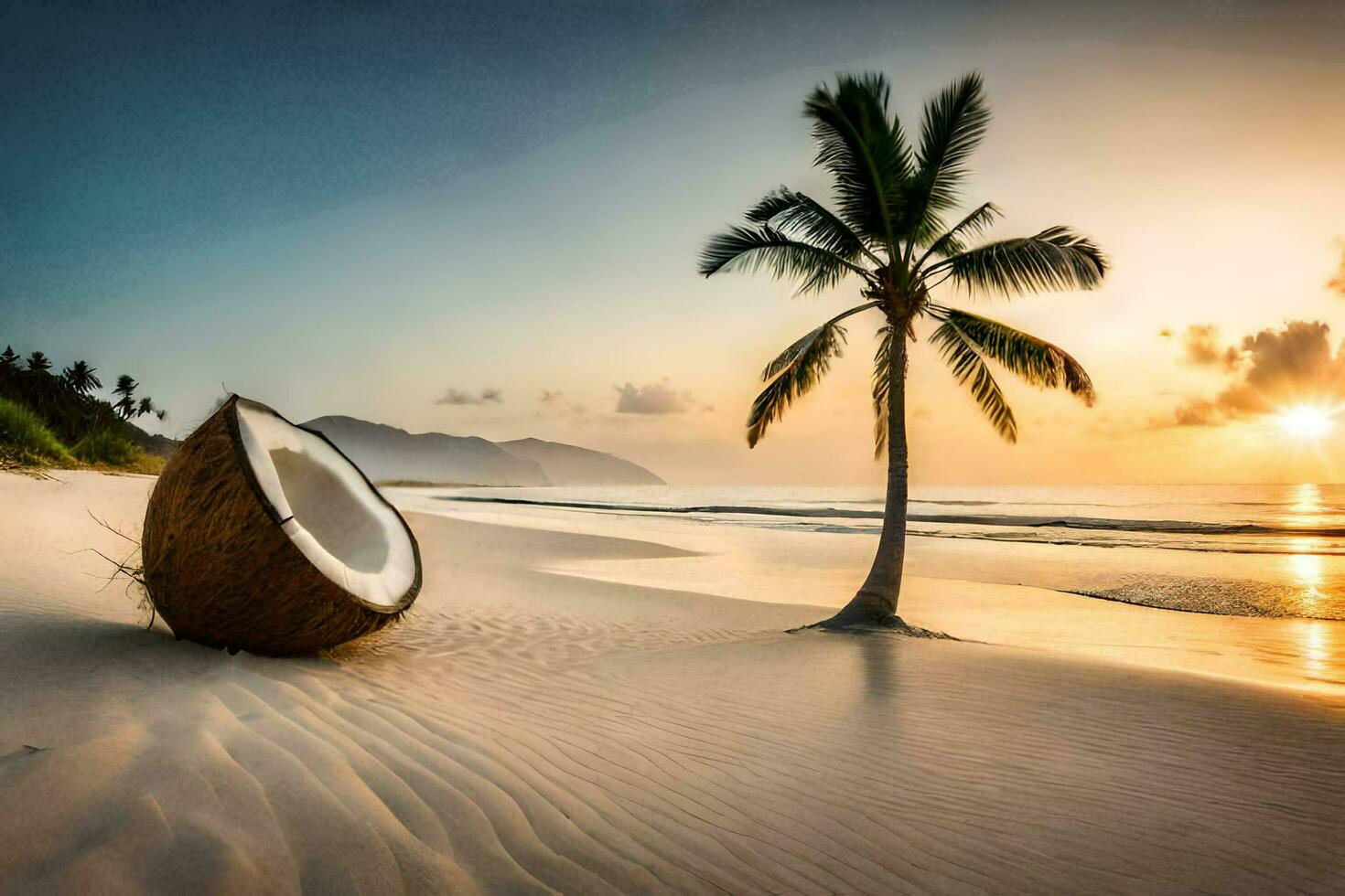 ein Kokosnuss auf das Strand beim Sonnenuntergang. KI-generiert foto