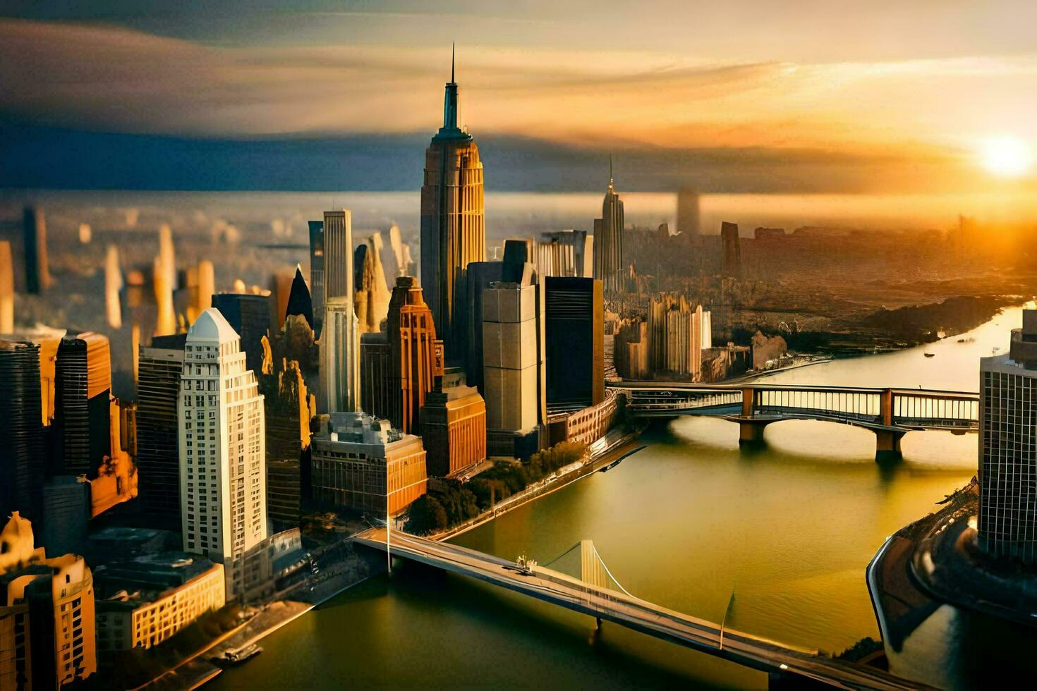 das Sonne steigt an Über das Stadt Horizont im Neu York. KI-generiert foto