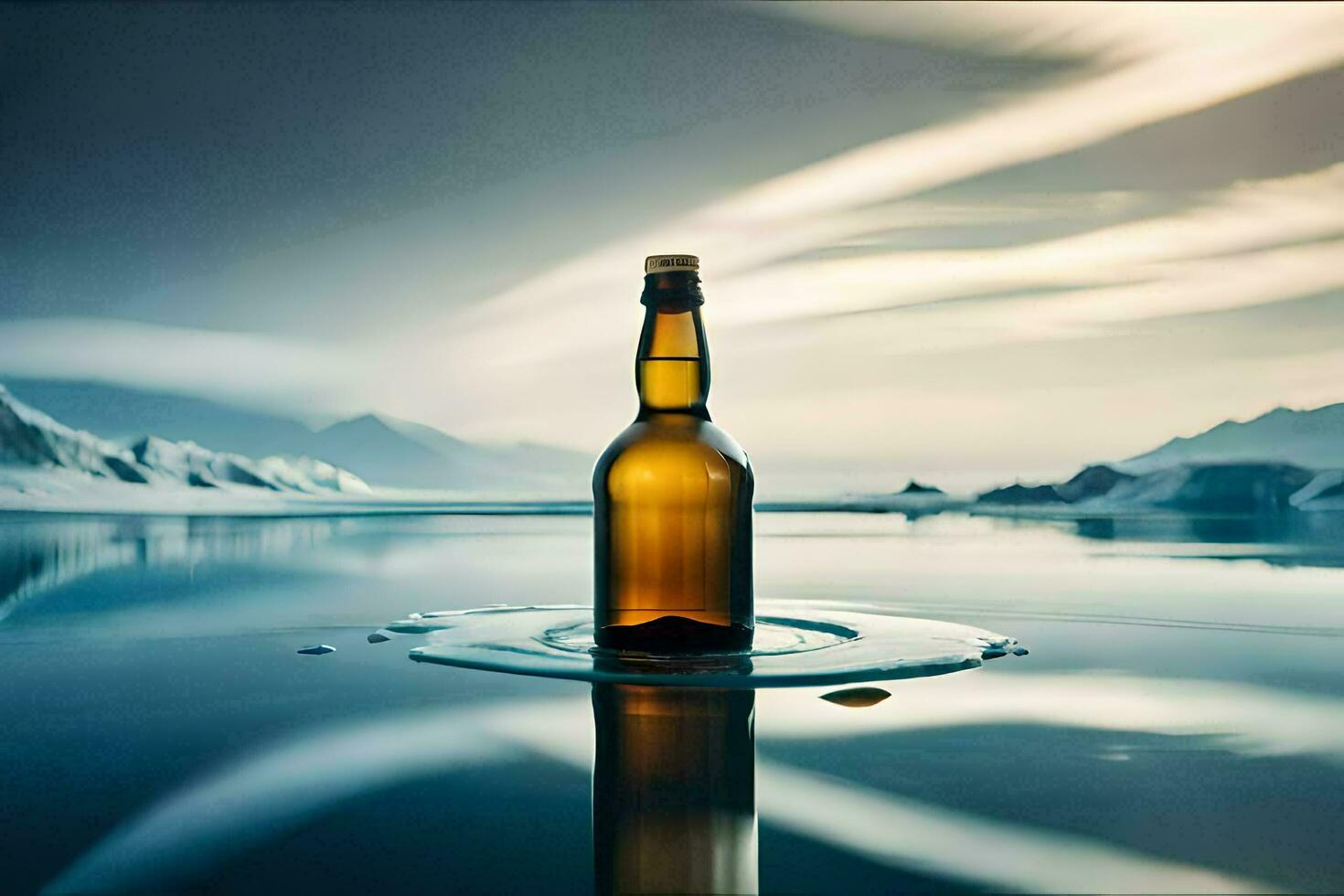 ein Bier Flasche sitzt auf das Wasser mit Berge im das Hintergrund. KI-generiert foto