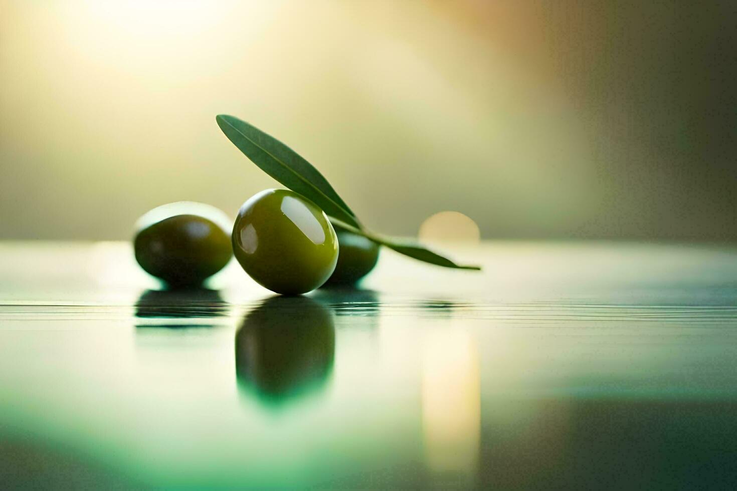 Oliven auf ein Tabelle mit Sonnenlicht leuchtenden durch. KI-generiert foto