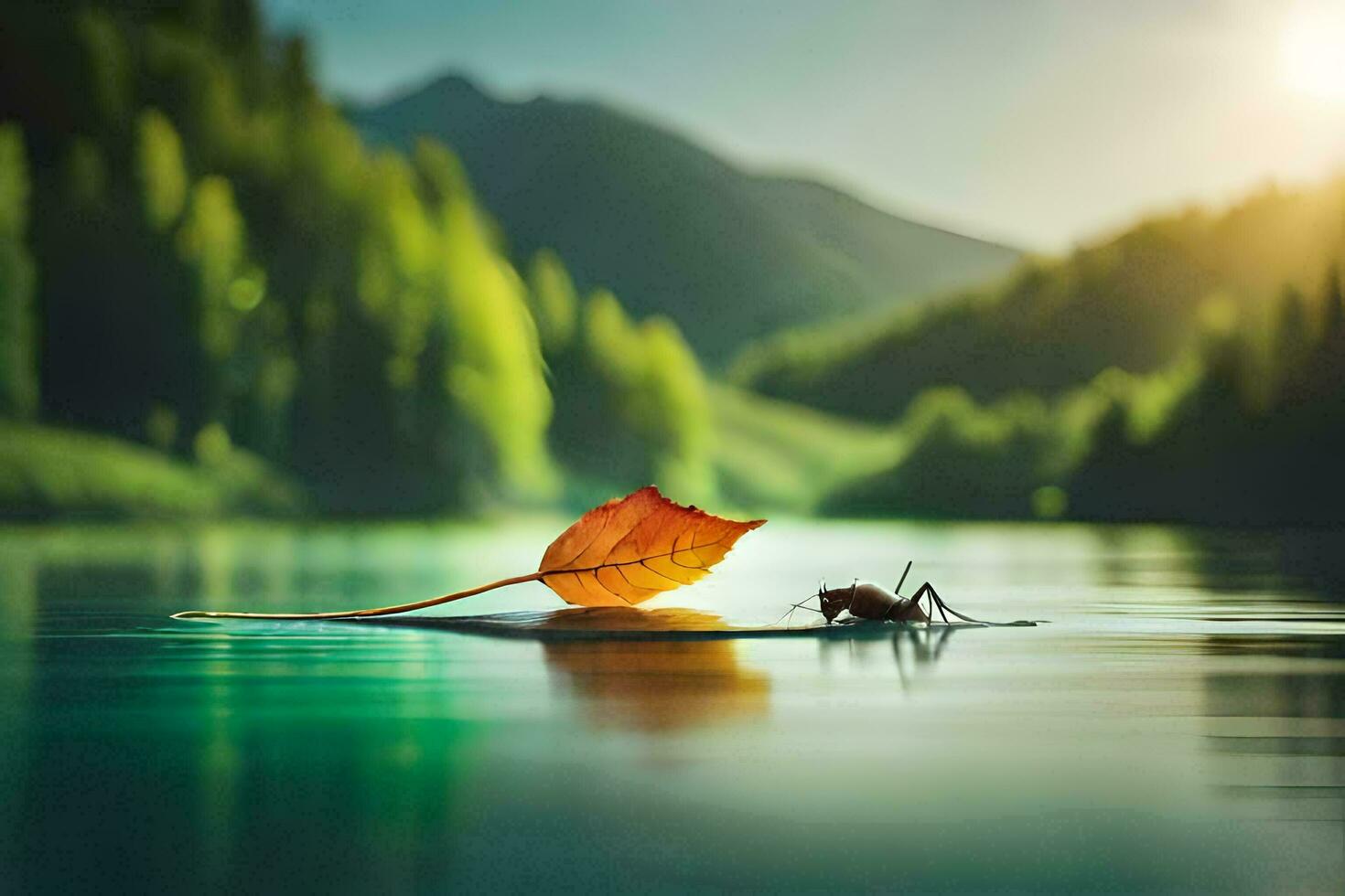 ein Blatt schwebend auf das Wasser mit ein Fehler auf Es. KI-generiert foto