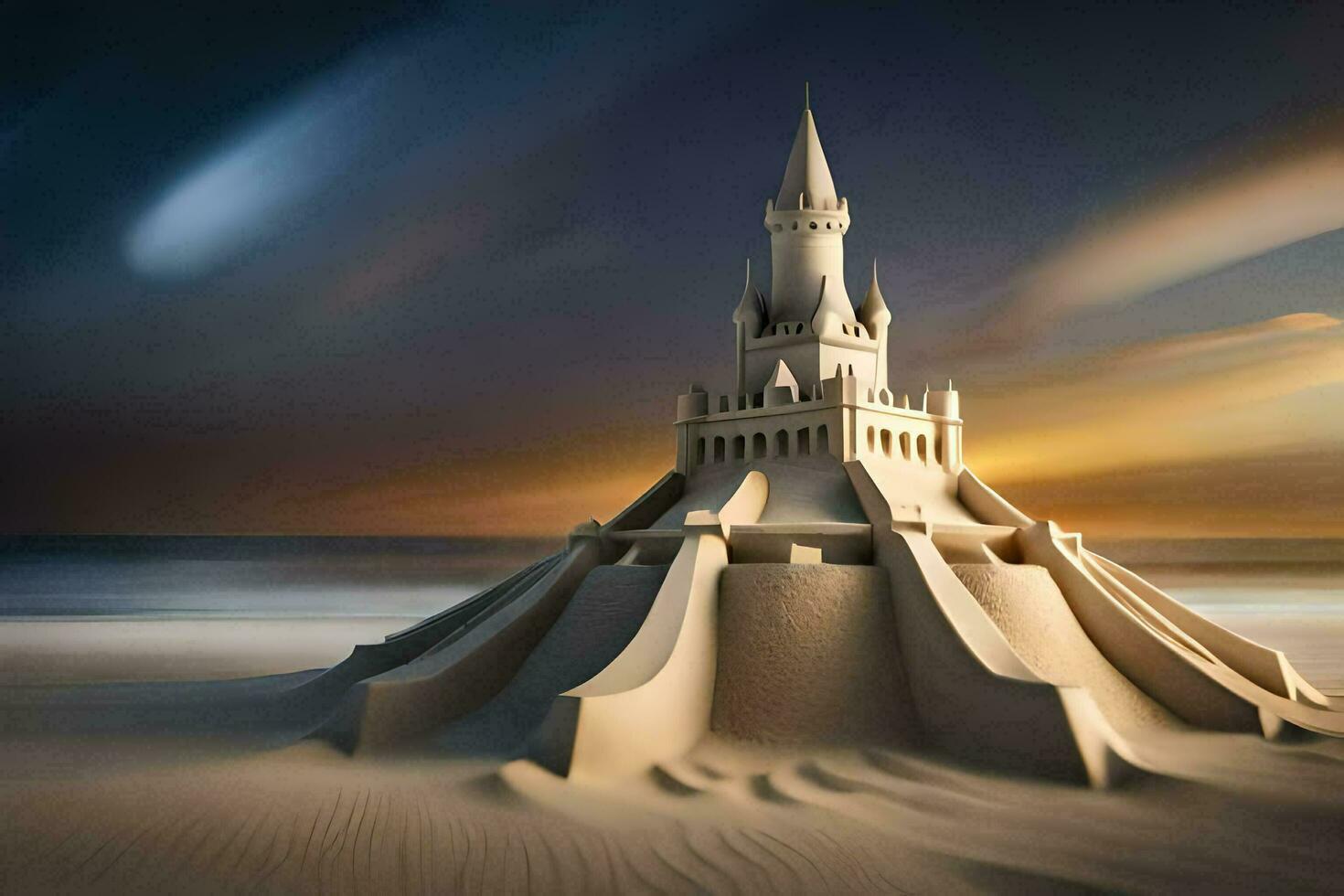 ein Schloss gemacht aus von Sand auf das Strand. KI-generiert foto