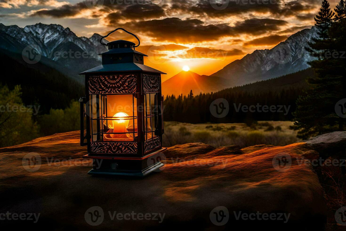 ein Laterne ist zündete auf ein Felsen im Vorderseite von ein Berg. KI-generiert foto