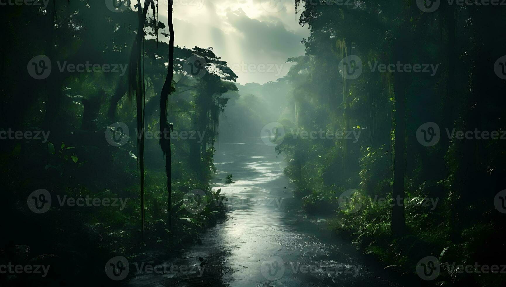 nebelig Fluss im das Regenwald ai generiert foto