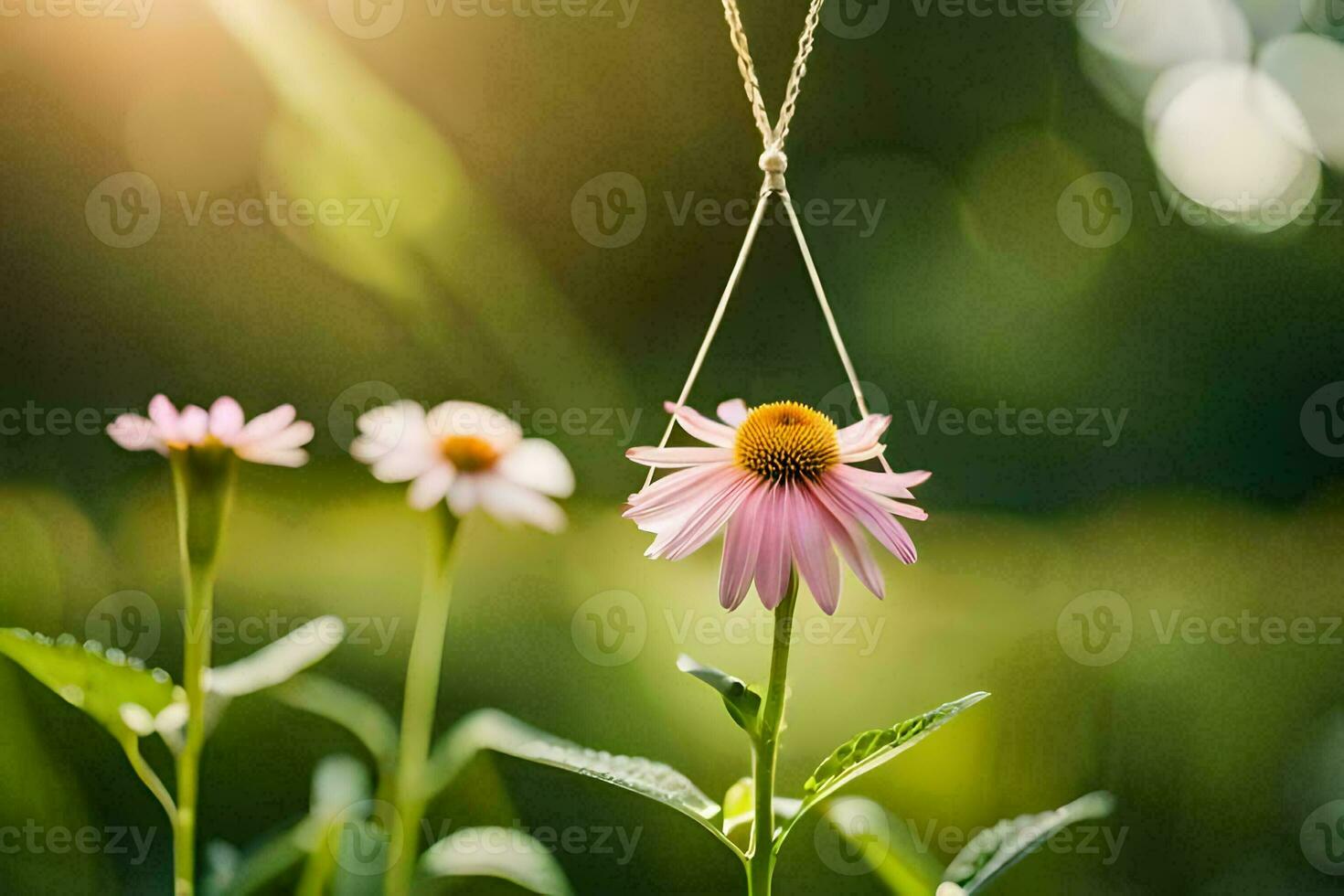 ein Rosa Blume ist hängend von ein Halskette im das Gras. KI-generiert foto