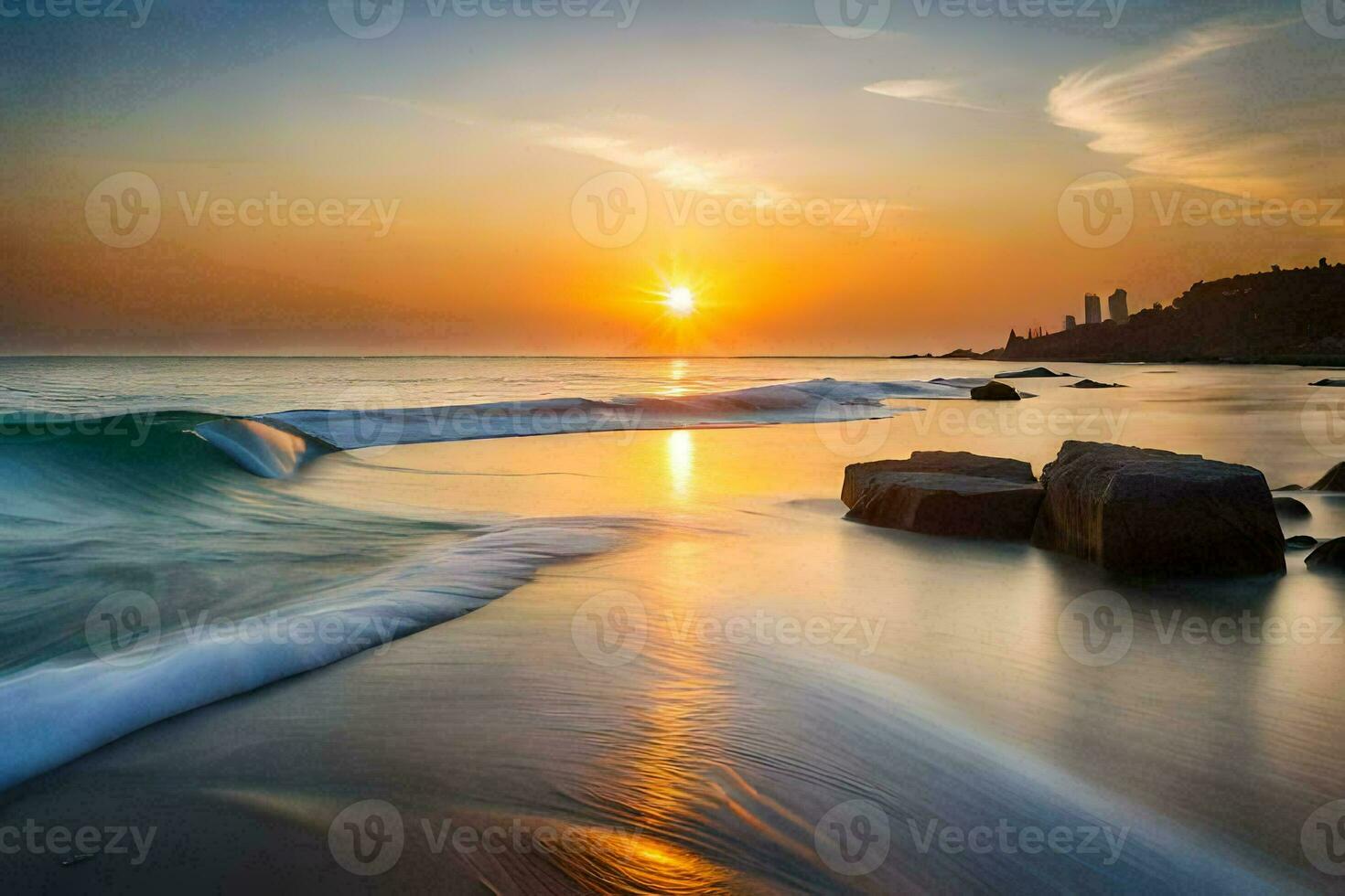 Sonnenuntergang, das Strand, Wellen, Felsen, Wasser, hd Hintergrund. KI-generiert foto