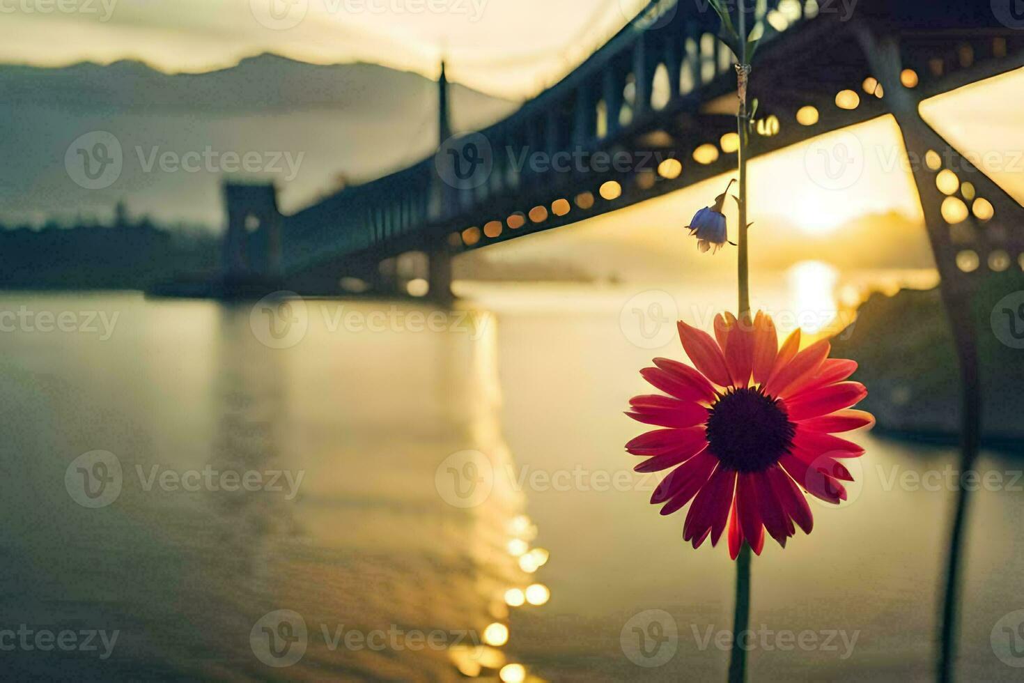 ein rot Blume ist im Vorderseite von ein Brücke. KI-generiert foto