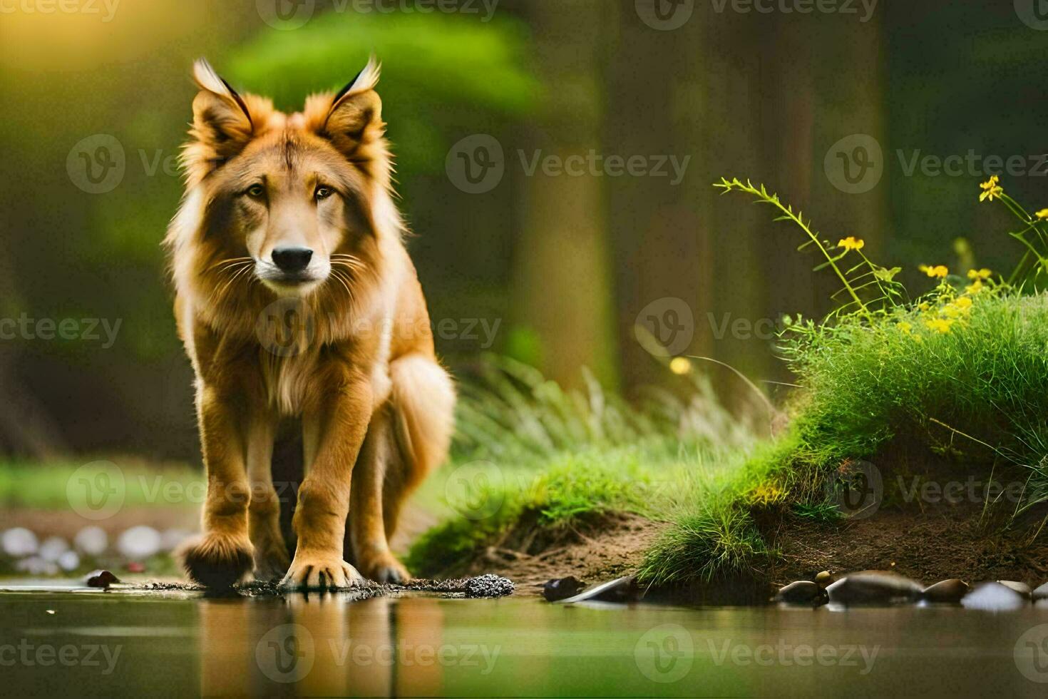 Foto Hintergrund Wald, das Sonne, Wasser, Gras, Wolf, Tier, das Wald, Die. KI-generiert