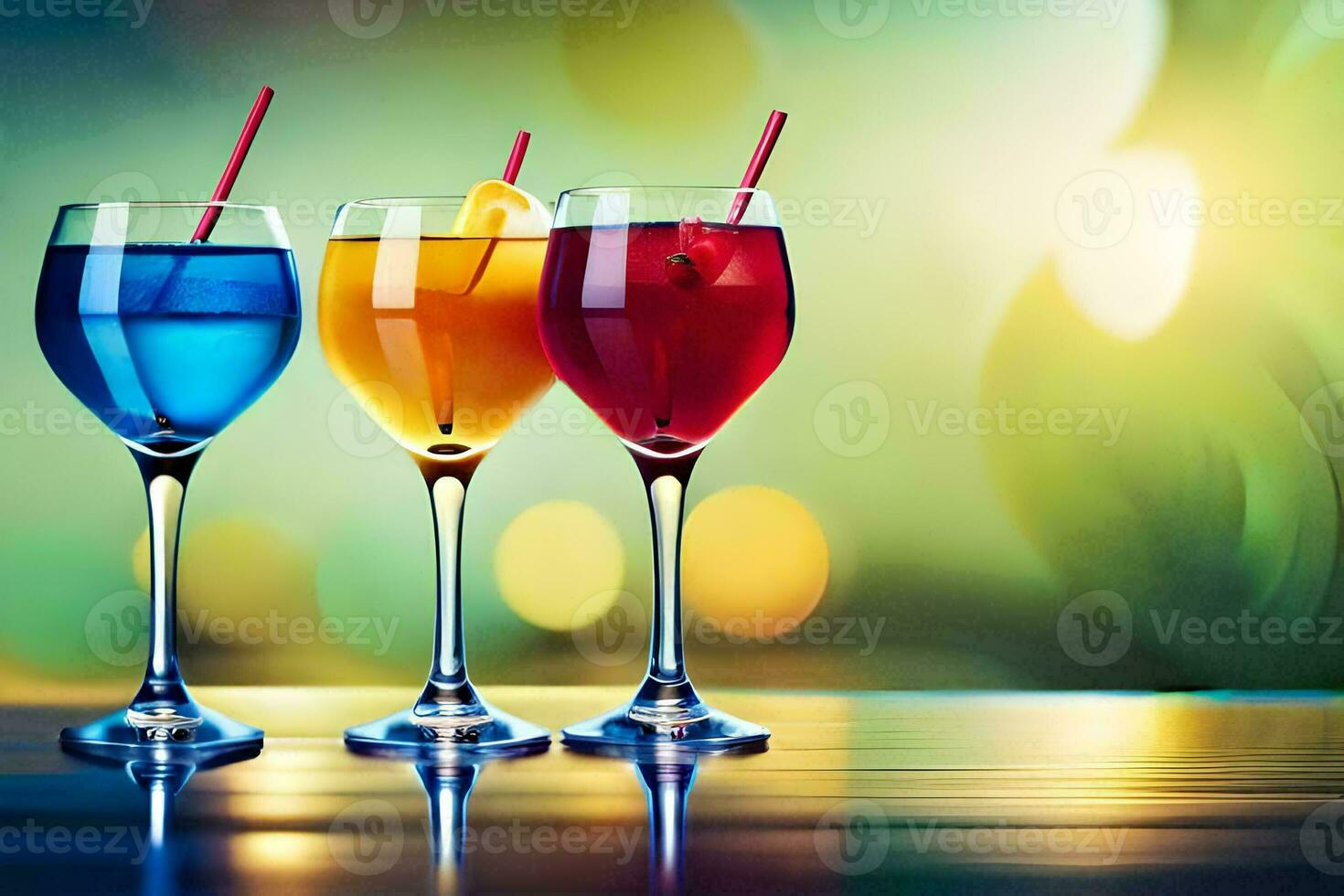 drei Brille von farbig Getränke auf ein Tisch. KI-generiert foto