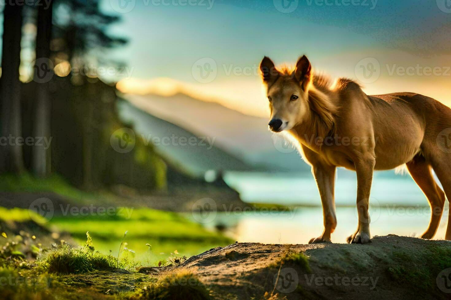 ein Hund Stehen auf ein Felsen in der Nähe von ein See. KI-generiert foto