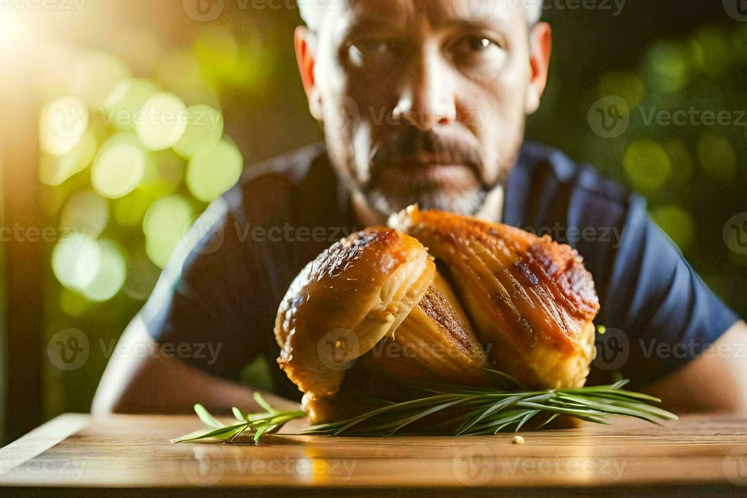 ein Mann ist suchen beim ein Stück von Fleisch auf ein Tisch. KI-generiert foto