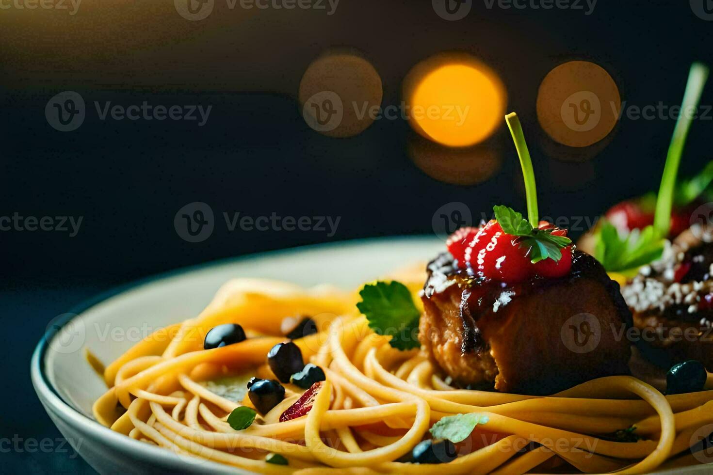 ein Teller von Spaghetti mit Fleisch und Beeren. KI-generiert foto