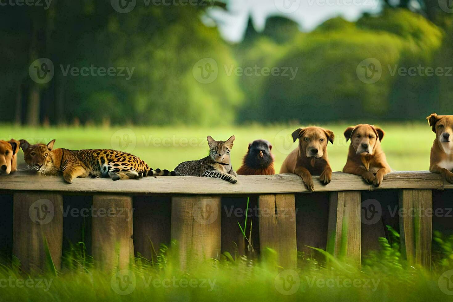 ein Gruppe von Hunde und Katzen Sitzung auf ein Zaun. KI-generiert foto