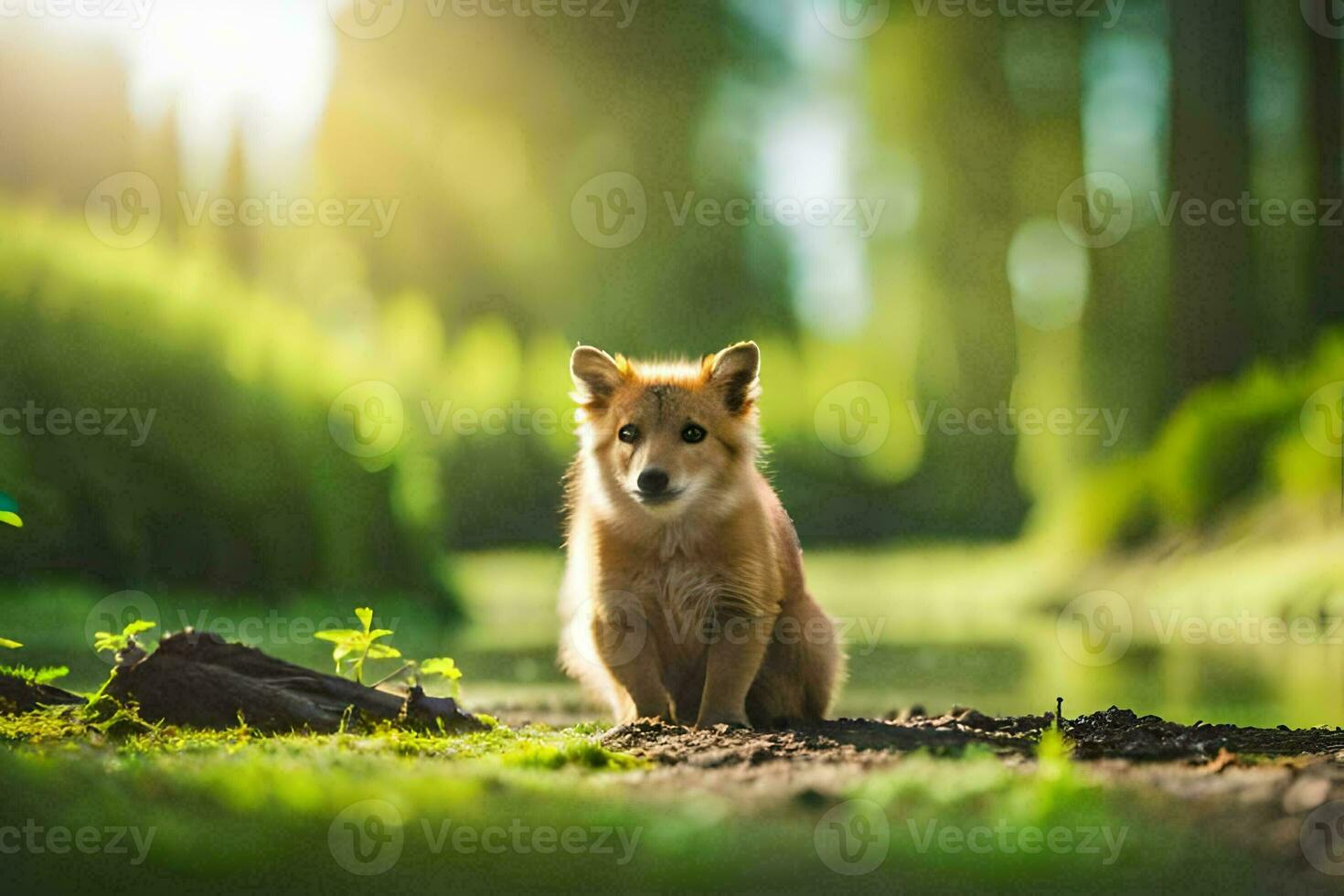 ein Hund Sitzung auf das Boden im Vorderseite von ein Teich. KI-generiert foto