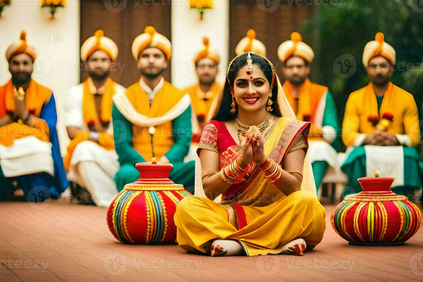 ein Frau im traditionell indisch Kleidung sitzt auf das Boden mit andere Personen. KI-generiert foto