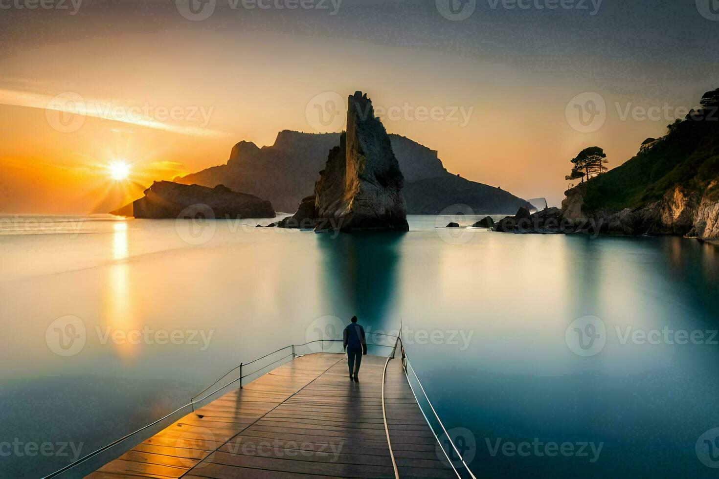 ein Mann Stehen auf ein Dock suchen aus beim das Ozean. KI-generiert foto