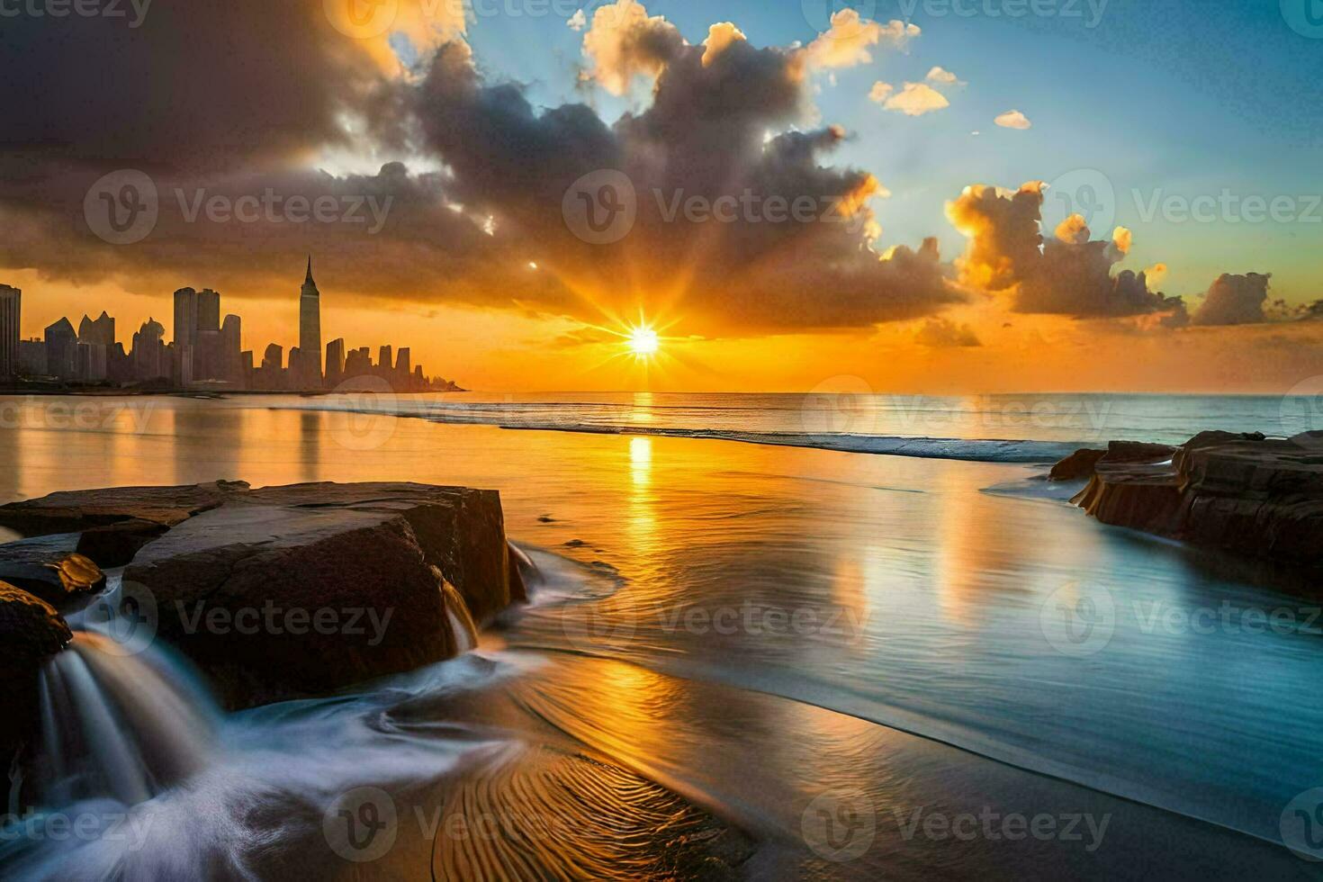 das Sonne steigt an Über das Stadt Horizont im Dubai. KI-generiert foto