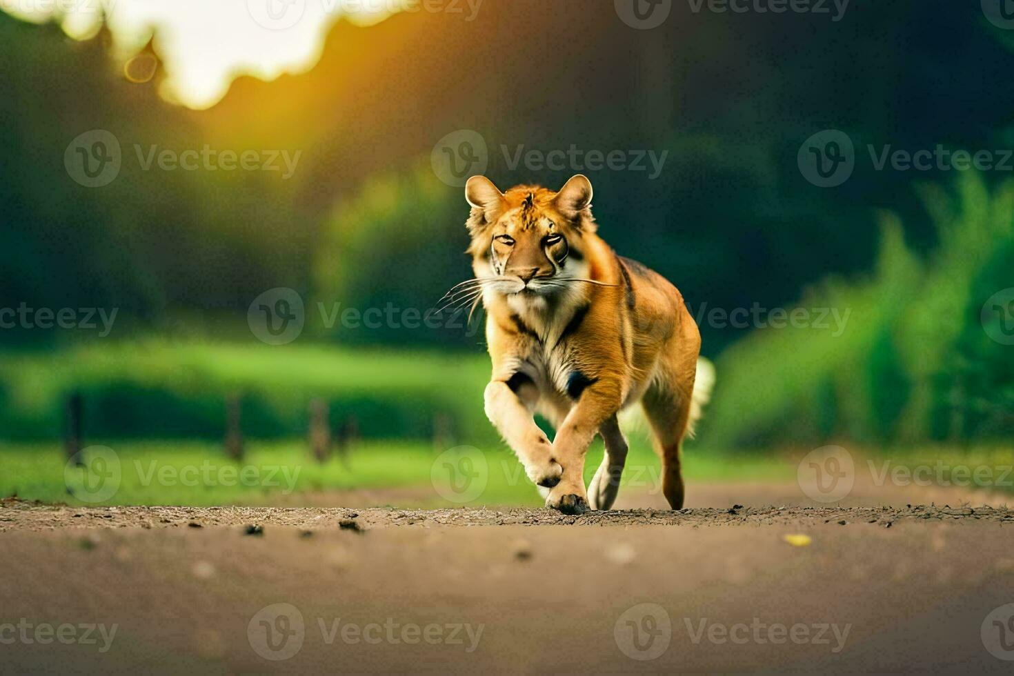 ein Tiger Gehen auf ein Straße im das Mitte von das Tag. KI-generiert foto