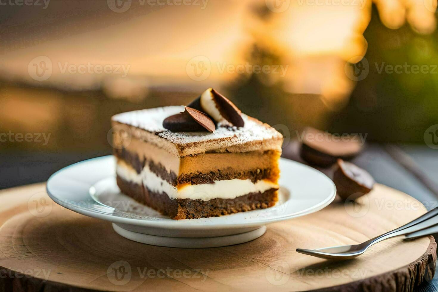 ein Scheibe von Kuchen auf ein Teller mit ein Gabel und Löffel. KI-generiert foto