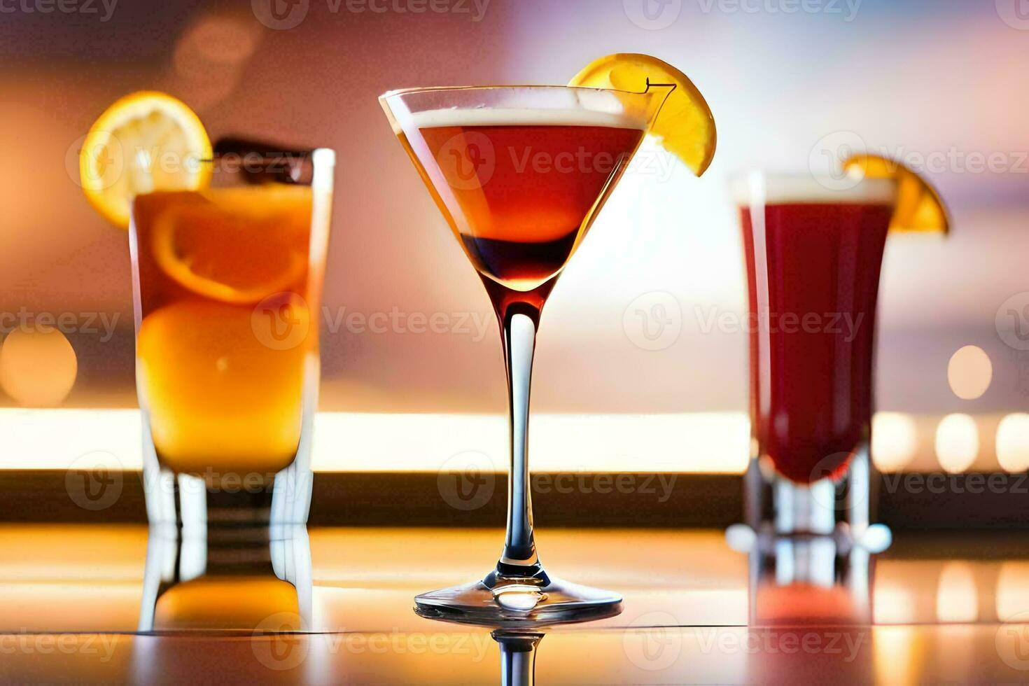 drei anders Typen von alkoholisch Getränke sitzen auf ein Tisch. KI-generiert foto
