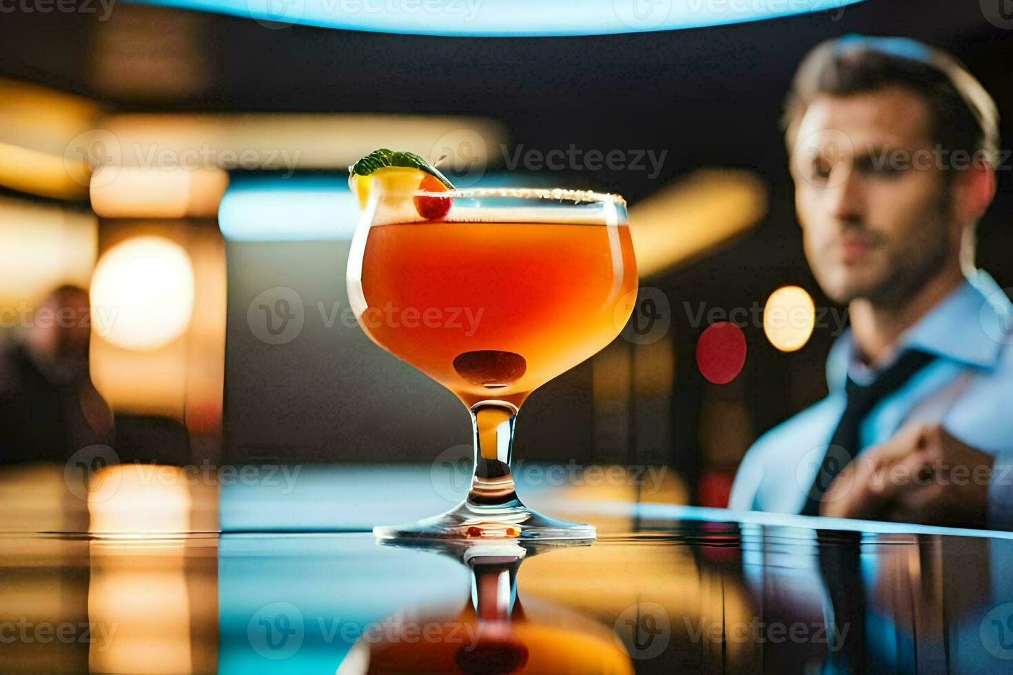 ein Mann Sitzung beim ein Bar mit ein trinken im Vorderseite von ihn. KI-generiert foto