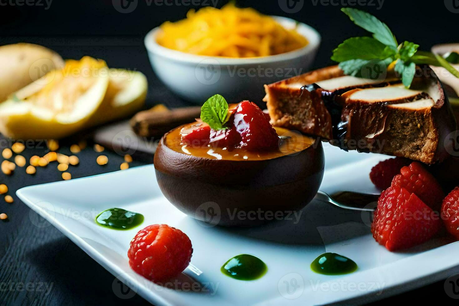 ein Dessert mit Obst und Schokolade auf ein Platte. KI-generiert foto