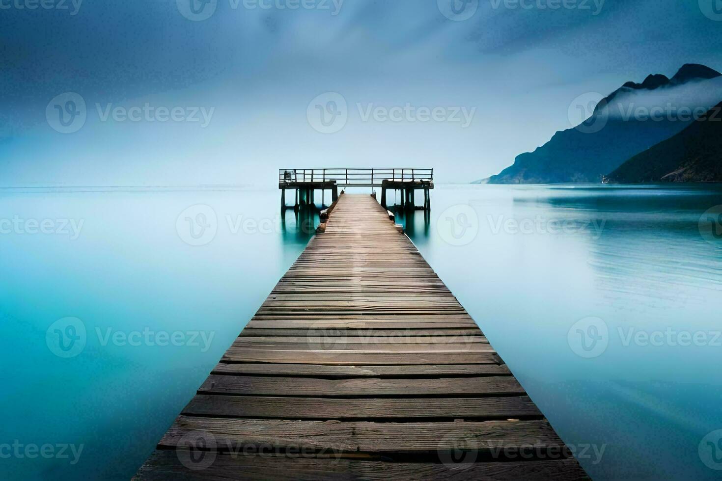 ein lange Seebrücke erstreckt sich in das Ozean. KI-generiert foto