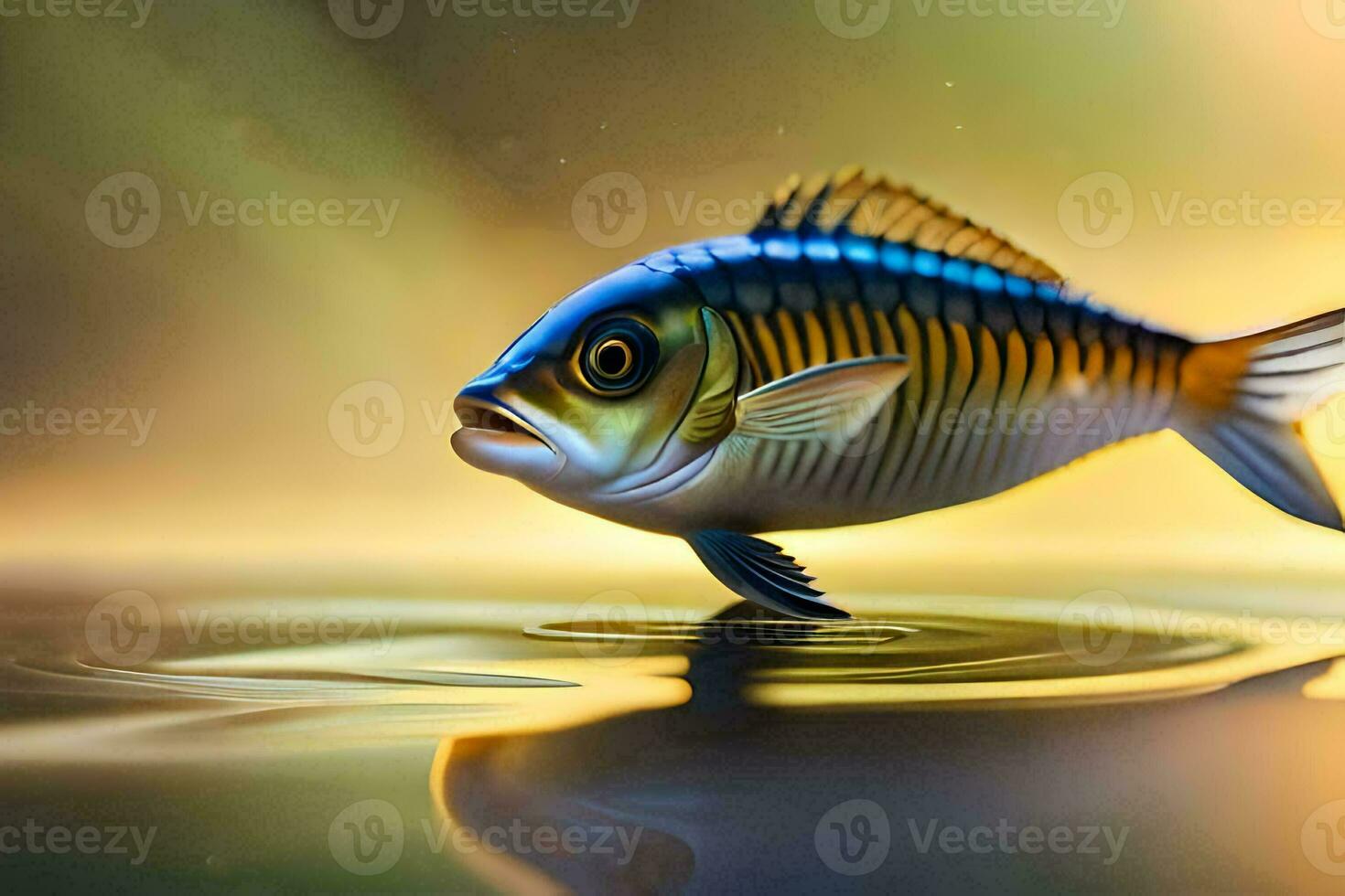 ein Fisch ist schwebend auf das Wasser mit ein Gelb Hintergrund. KI-generiert foto