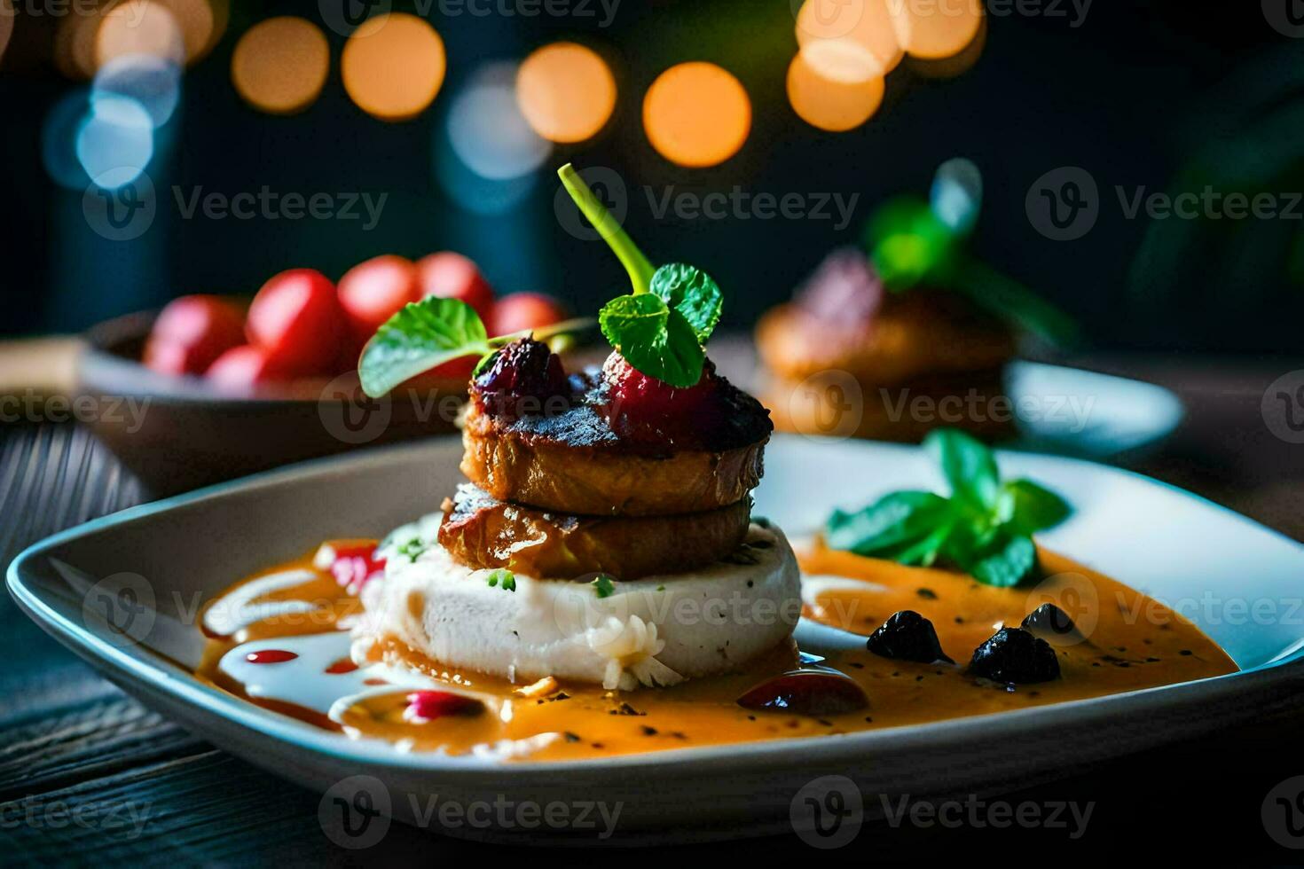 ein Teller von Essen mit Fleisch und Soße. KI-generiert foto