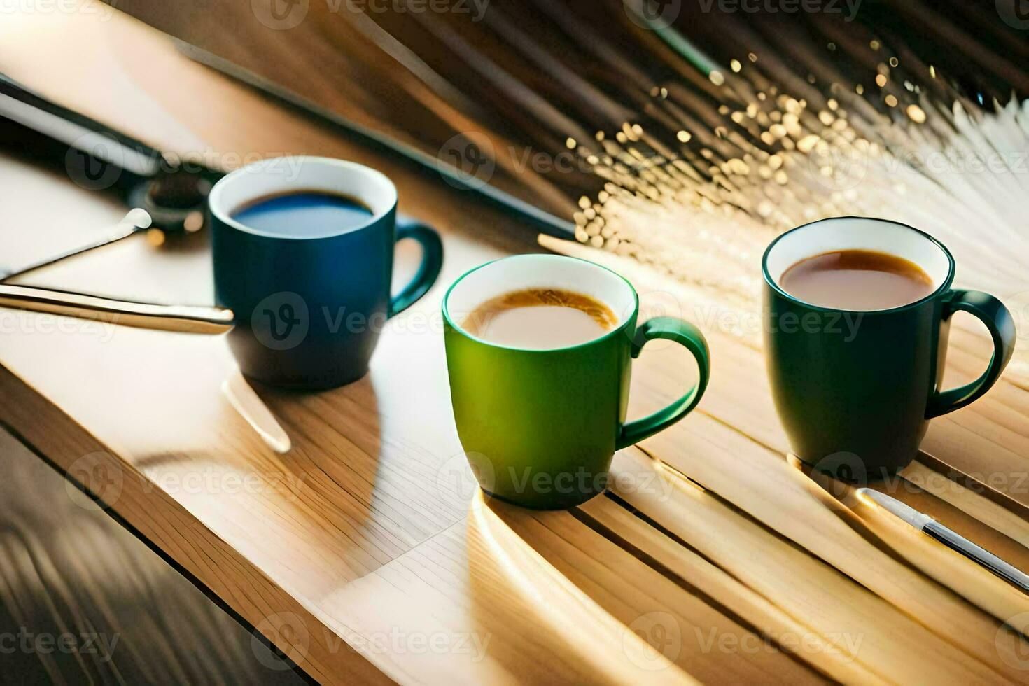 drei Tassen von Kaffee auf ein Tisch. KI-generiert foto