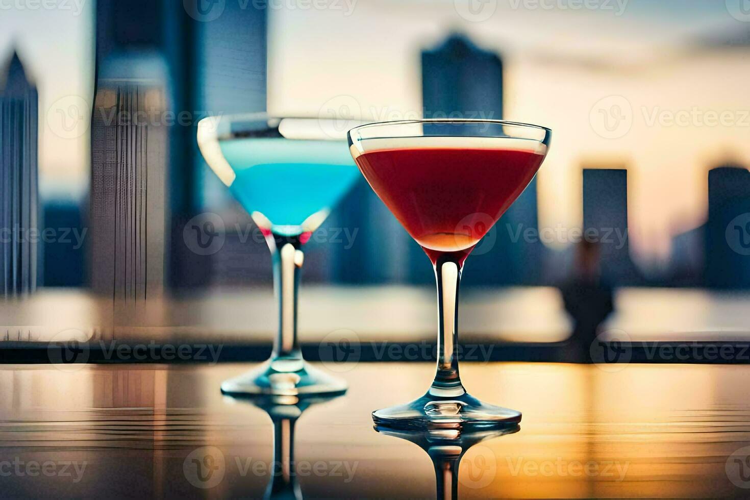 zwei Cocktails auf ein Tabelle mit Stadt Horizont im das Hintergrund. KI-generiert foto