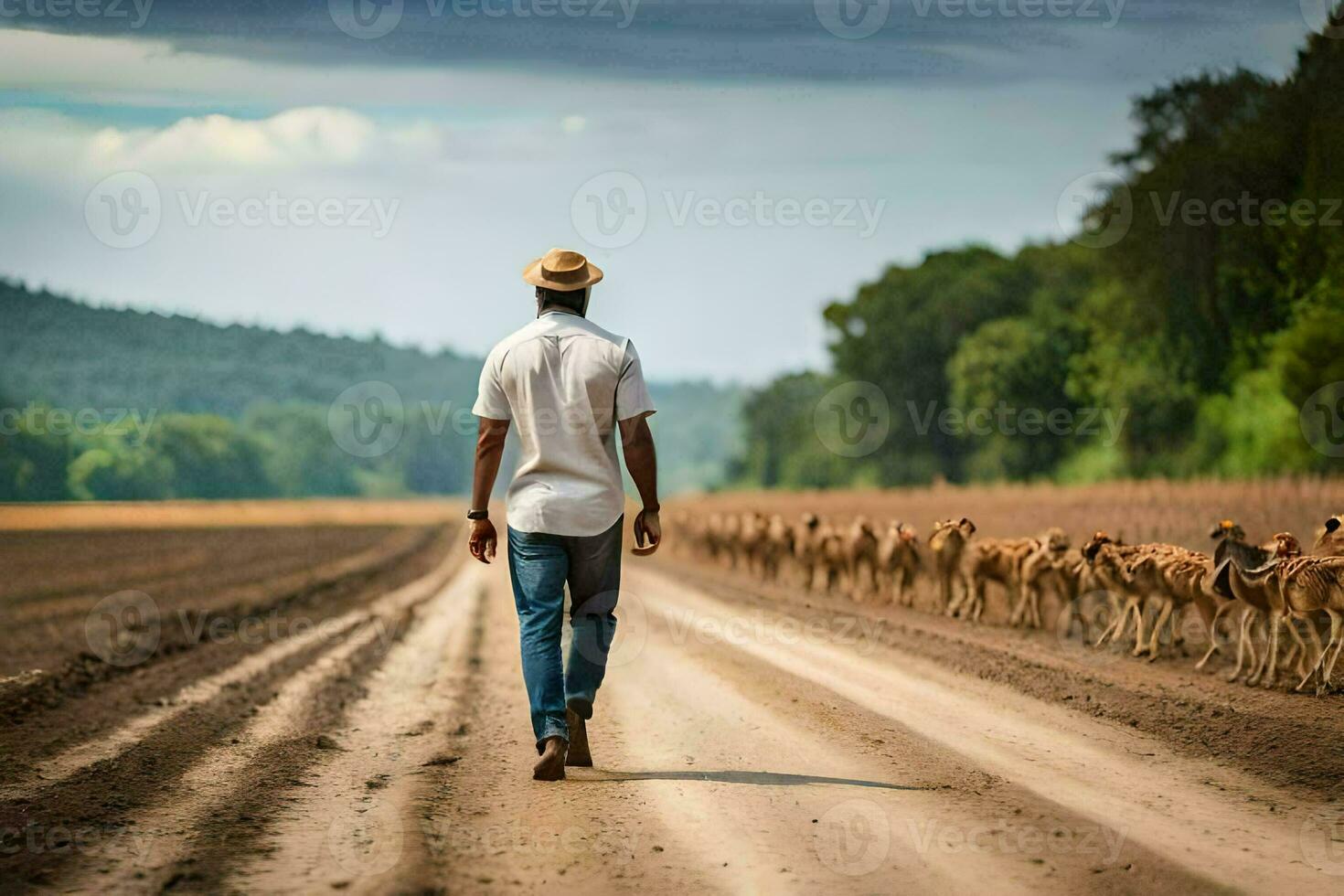 ein Mann Gehen Nieder ein Schmutz Straße mit ein Herde von Reh. KI-generiert foto