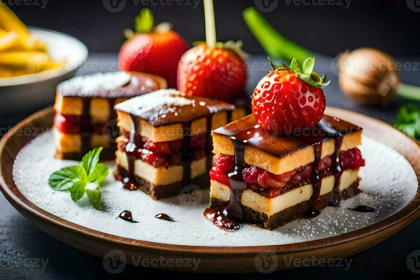 drei Stücke von Käsekuchen mit Erdbeeren auf ein Platte. KI-generiert foto