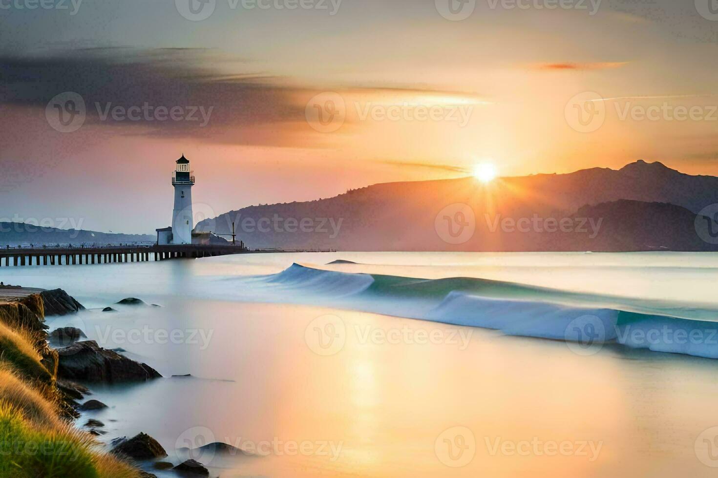 ein Leuchtturm beim Sonnenuntergang mit Wellen abstürzen in das Ufer. KI-generiert foto