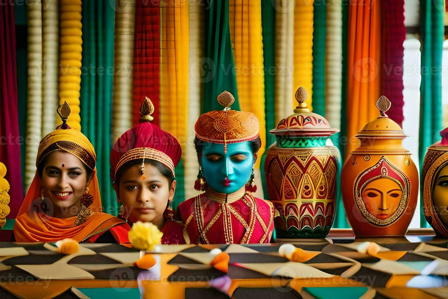 ein Gruppe von Frauen im bunt Kostüme sind Sitzung im Vorderseite von bunt Vasen. KI-generiert foto