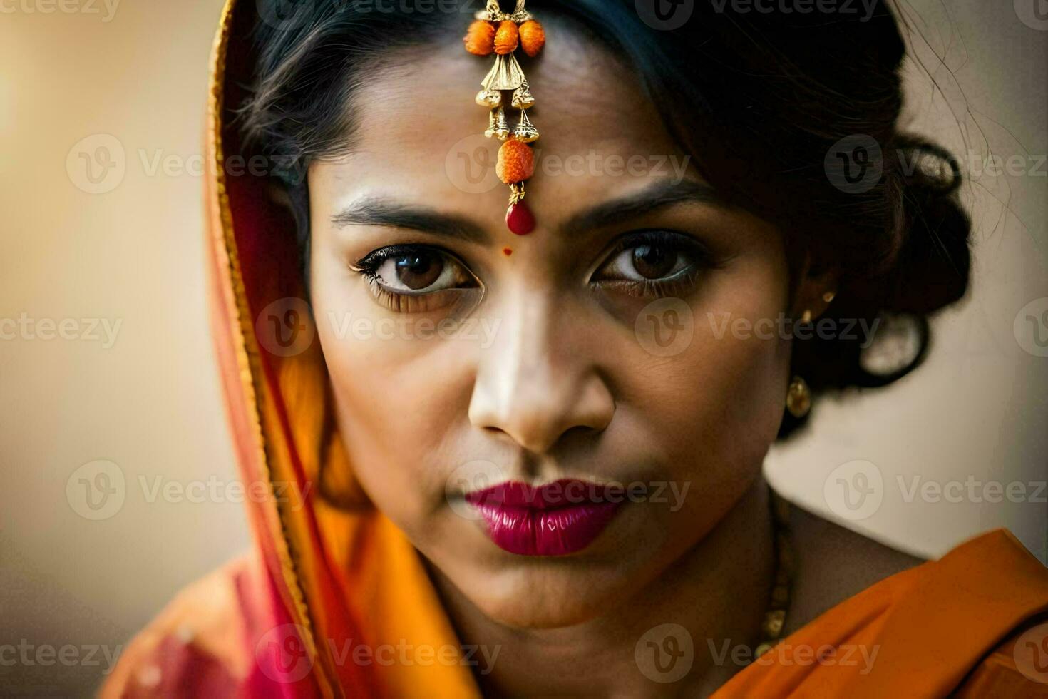 ein Frau im ein Orange Sari mit ein Gold Halskette. KI-generiert foto