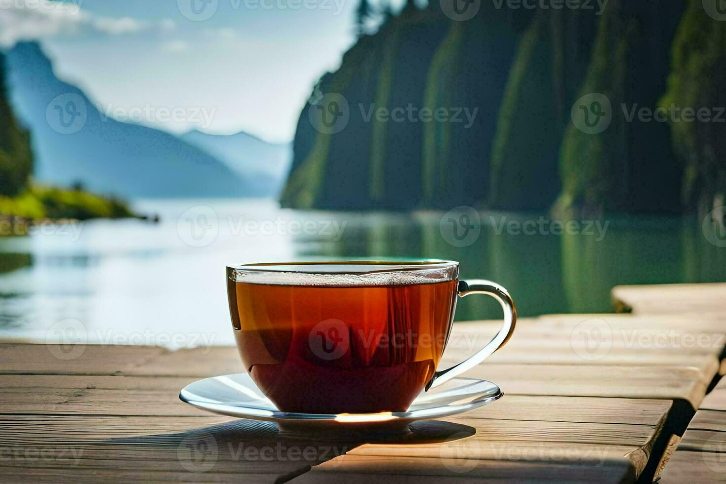 ein Tasse von Tee auf ein See. KI-generiert foto