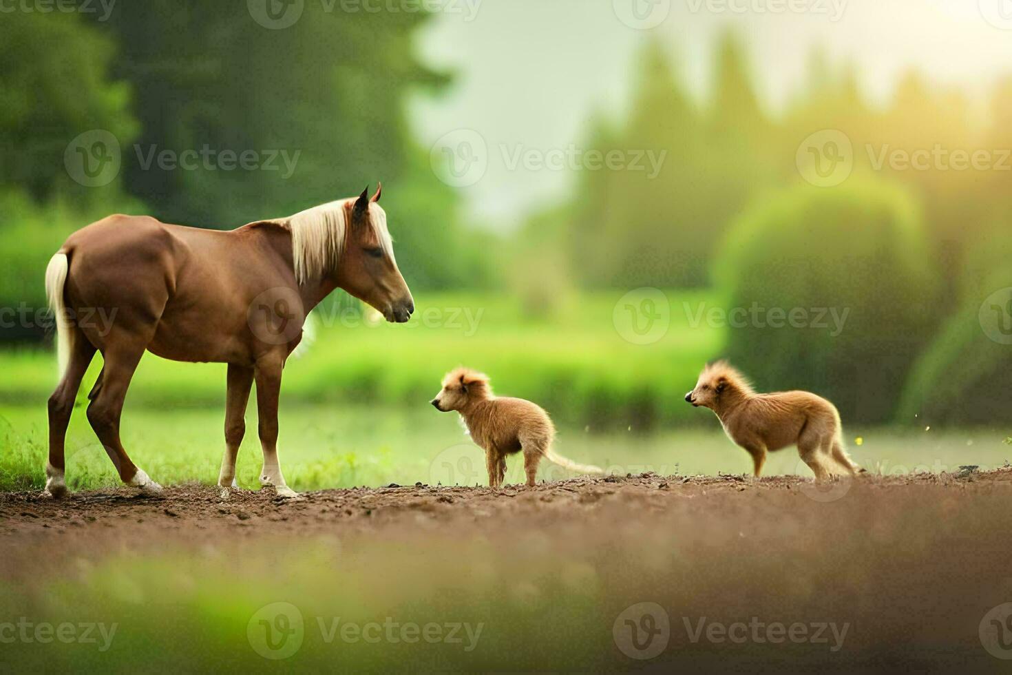 ein Pferd und zwei Welpen sind Stehen im das Gras. KI-generiert foto