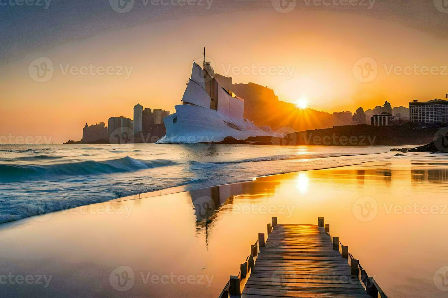 das Sonne setzt Über ein Strand mit ein Seebrücke und ein Stadt im das Hintergrund. KI-generiert foto