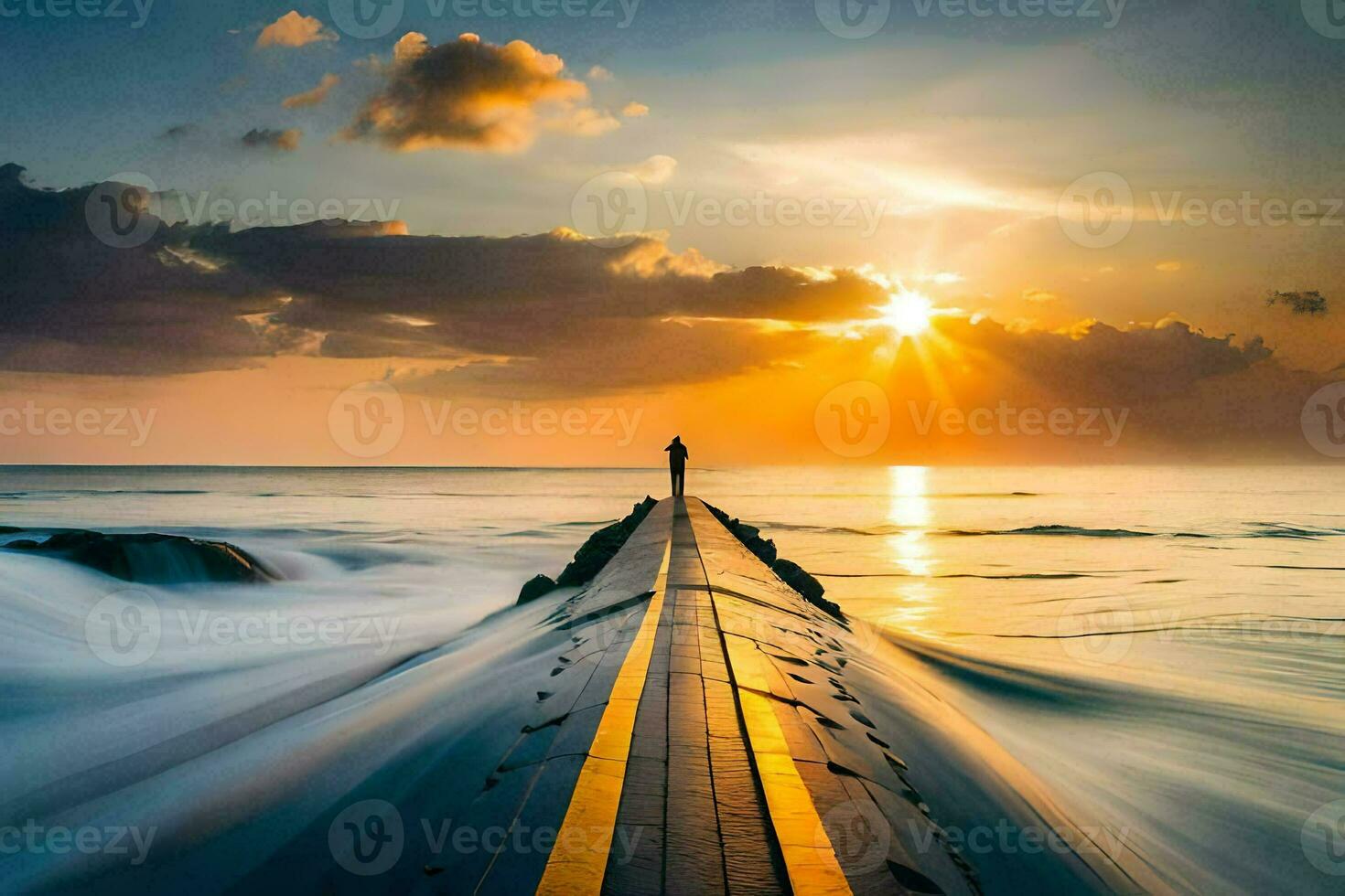 ein Mann steht auf ein Seebrücke suchen aus beim das Ozean beim Sonnenuntergang. KI-generiert foto