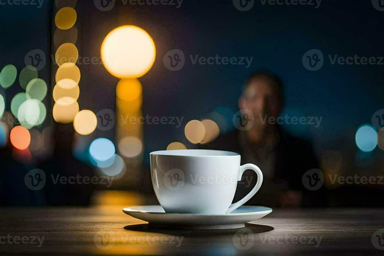 ein Tasse von Kaffee auf ein Tabelle im Vorderseite von ein verschwommen Hintergrund. KI-generiert foto