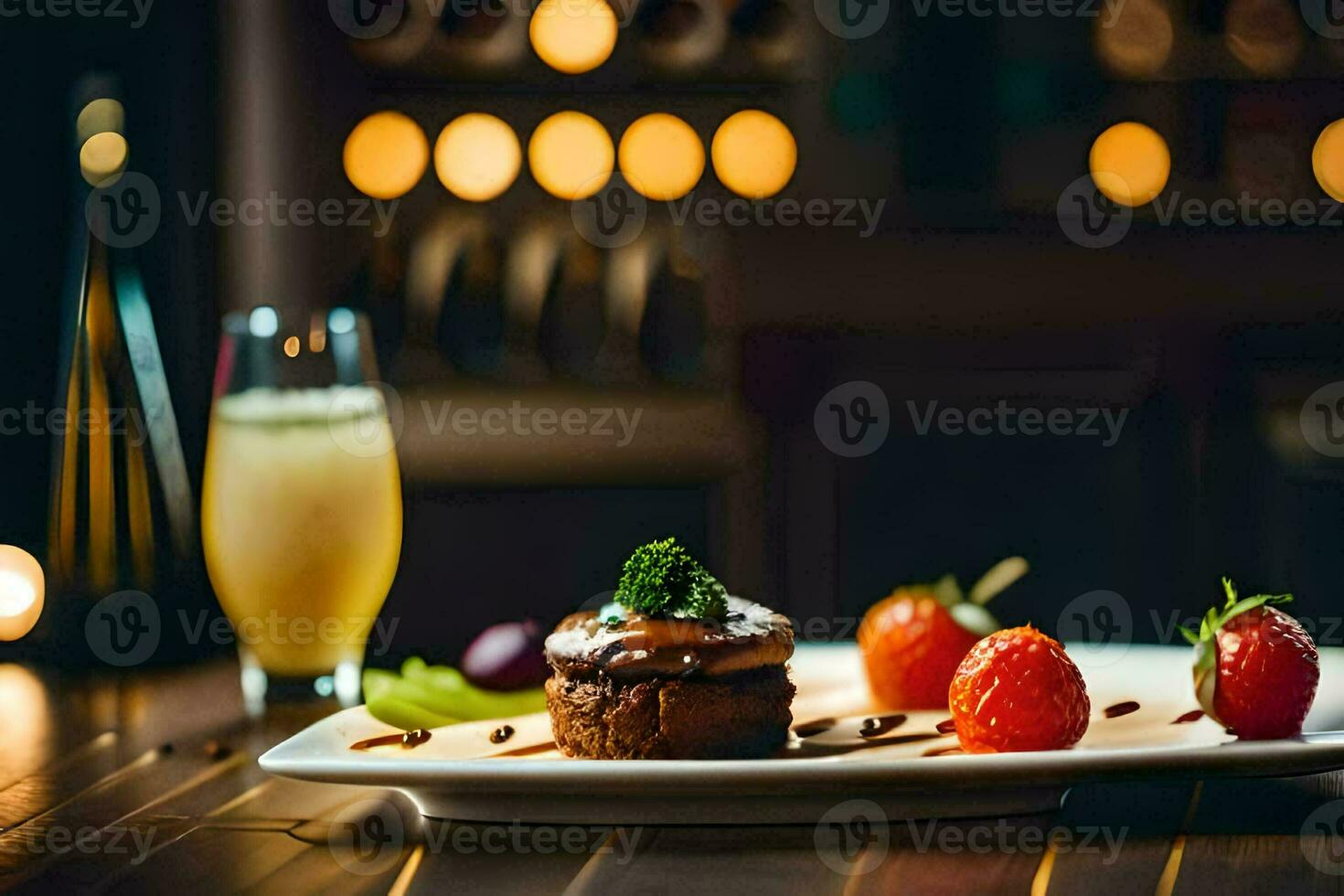 ein Dessert auf ein Teller mit Erdbeeren und ein Glas von Wein. KI-generiert foto