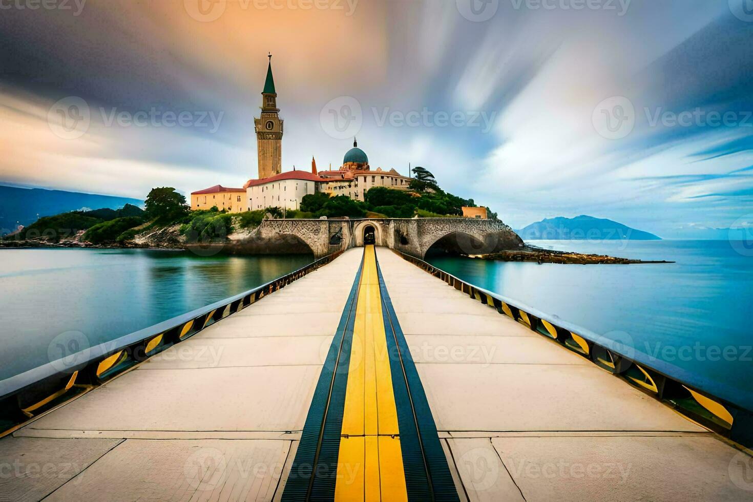 ein lange Exposition Foto von ein Brücke Über Wasser mit ein Kirche im das Hintergrund. KI-generiert